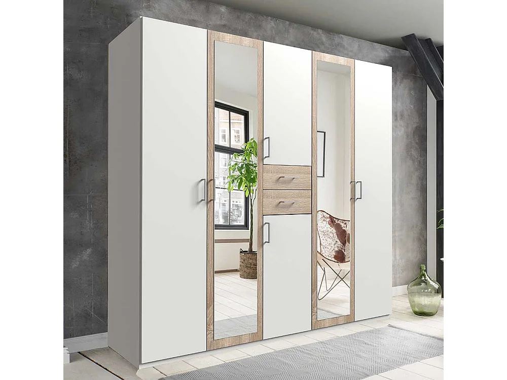 XL Schrank Schlafzimmer mit Spiegeltüren Eiche Sägerau & Weiß