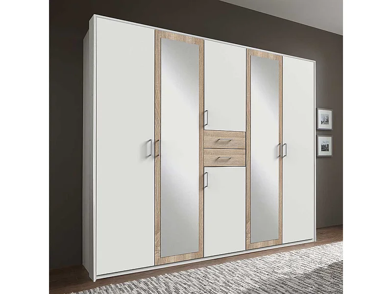 XL Schrank Schlafzimmer mit Spiegeltüren Eiche Sägerau & Weiß