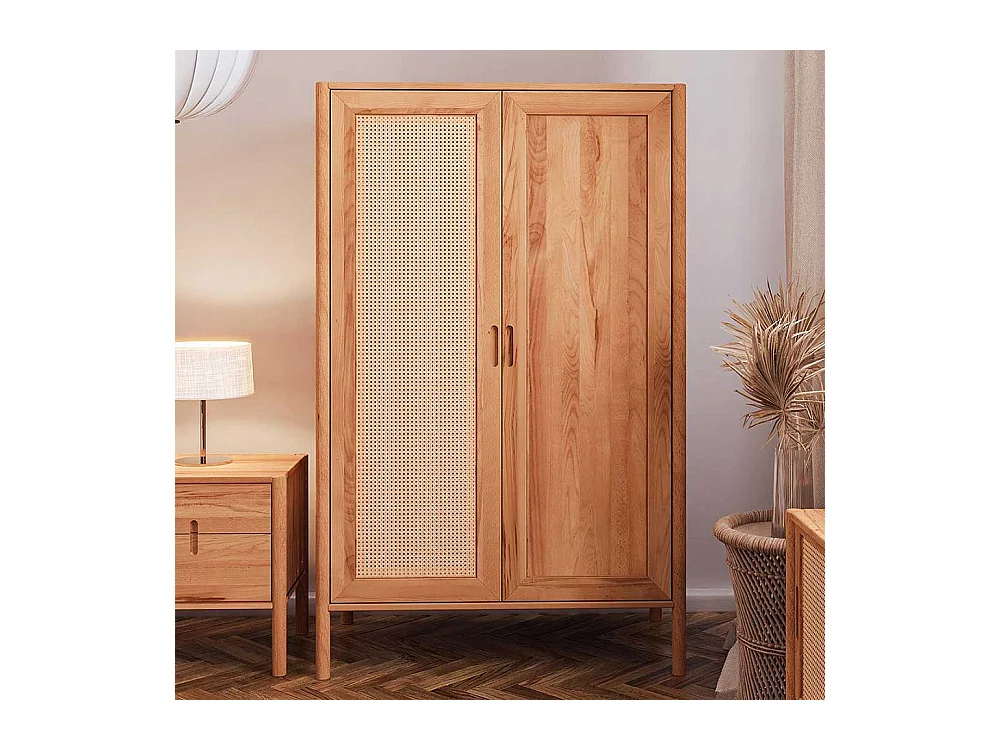 Holzkleiderschrank aus Wildbuche Massivholz Rattangeflecht Tür