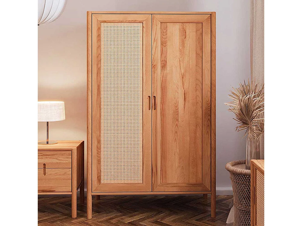 Holzkleiderschrank aus Wildbuche Massivholz Rattangeflecht Tür