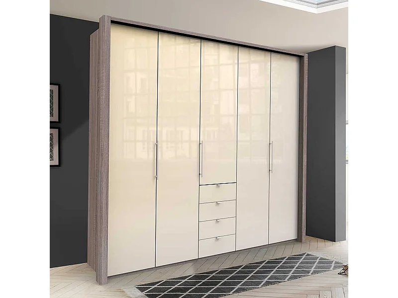 Schlafzimmerkleiderschrank 3 türig mit Schubladen glasbeschichtet