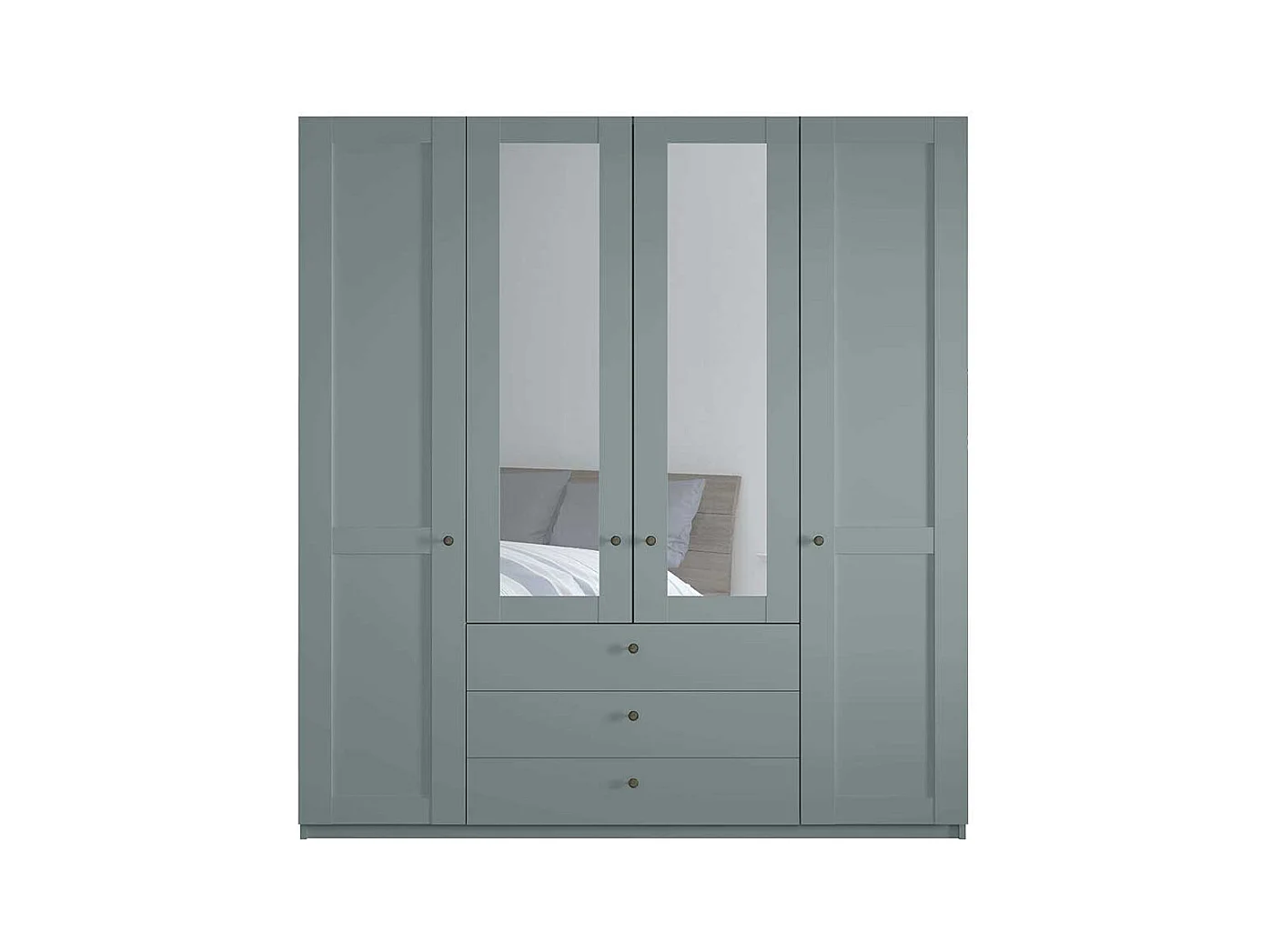 Landhausschrank Graugrün mit drei Schubladen Spiegeltüren