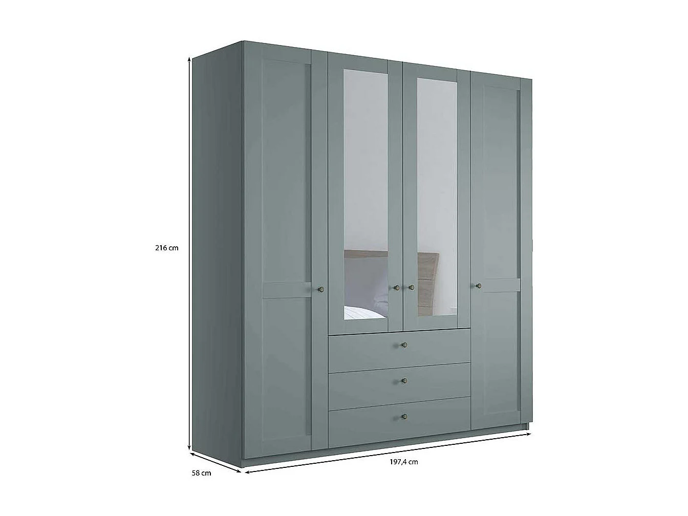 Landhausschrank Graugrün mit drei Schubladen Spiegeltüren