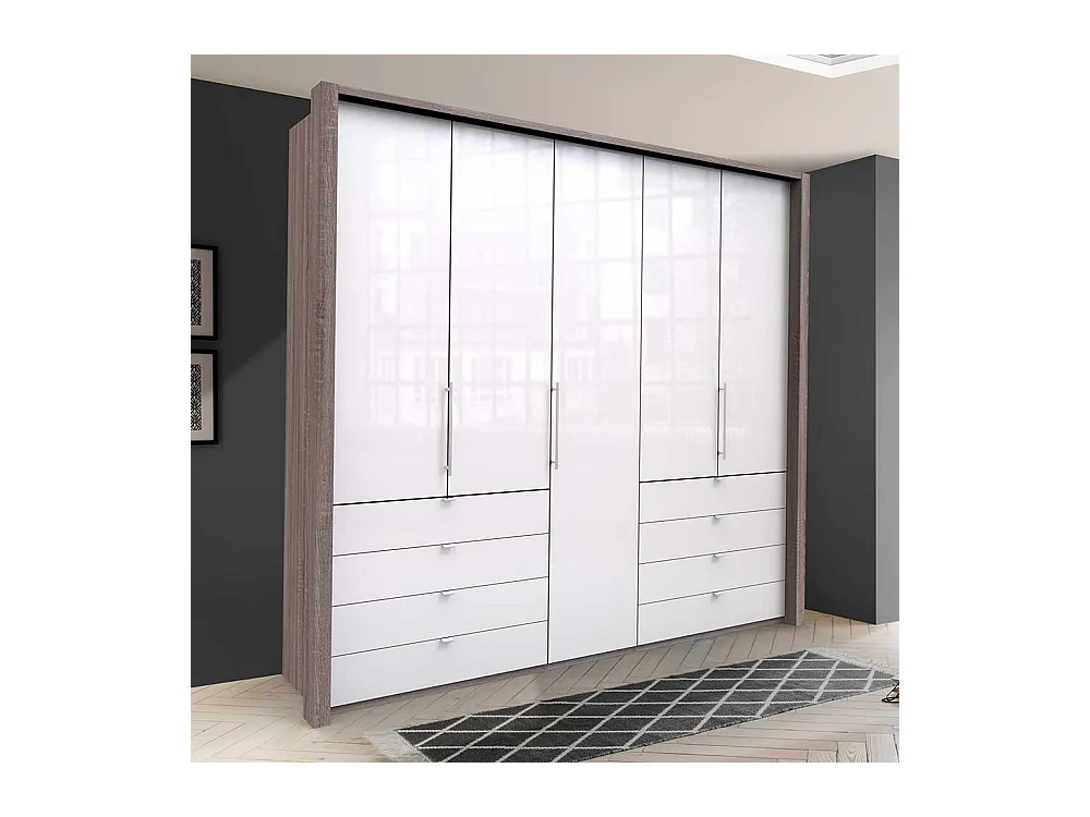 Moderner Ankleideschrank mit acht Schubladen und drei Türen glasbeschichtet