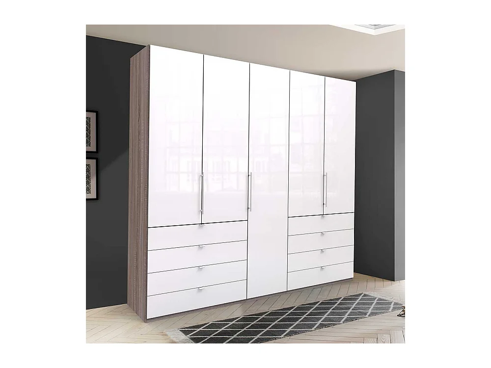 Moderner Ankleideschrank mit acht Schubladen und drei Türen glasbeschichtet