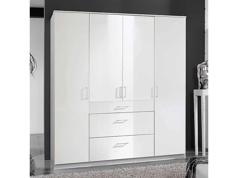Schlafzimmerkleiderschrank Hochglanz in Weiß drei Schubladen und vier Türen