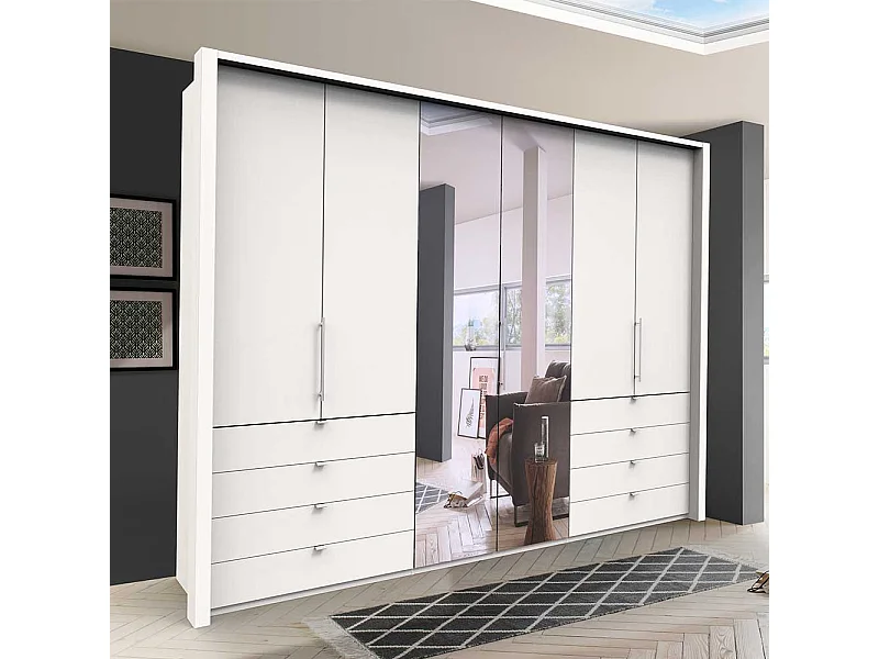 Weißer Falttürenankleideschrank mit Spiegel acht Schubladen