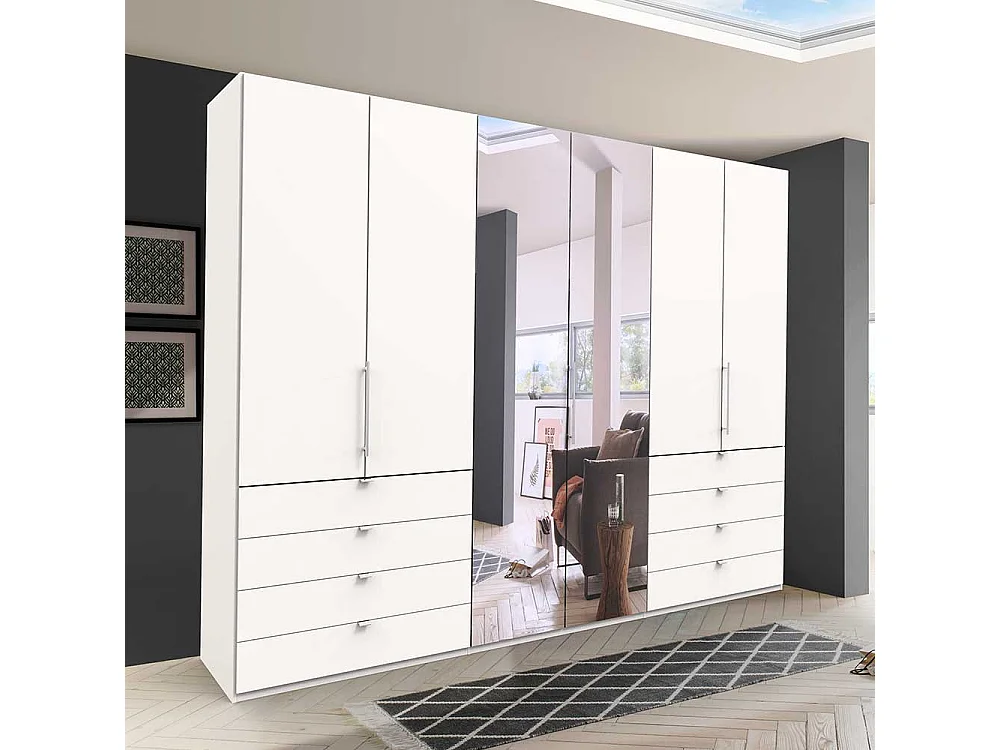 Weißer Falttürenankleideschrank mit Spiegel acht Schubladen