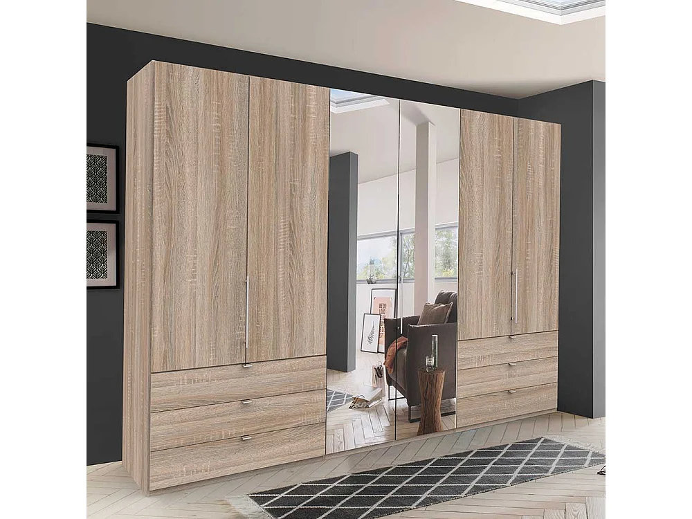 Schlafzimmerkleiderschrank in Eiche Sägerau 3 türig mit Spiegel und Schubladen