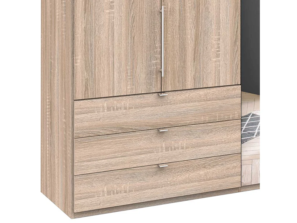 Schlafzimmerkleiderschrank in Eiche Sägerau 3 türig mit Spiegel und Schubladen