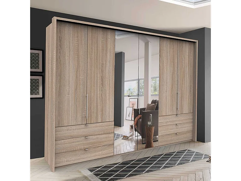 Schlafzimmerkleiderschrank in Eiche Sägerau 3 türig mit Spiegel und Schubladen