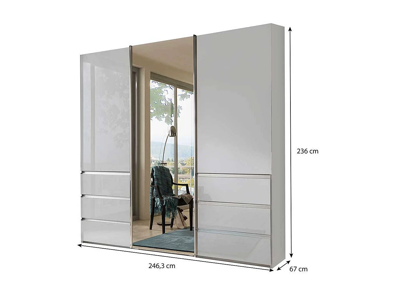 Schiebeschrank mit sechs Schubladen Front glasbeschichtet