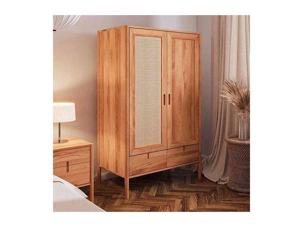 Massivholzkleiderschrank aus Wildbuche und Rattan einer Schublade