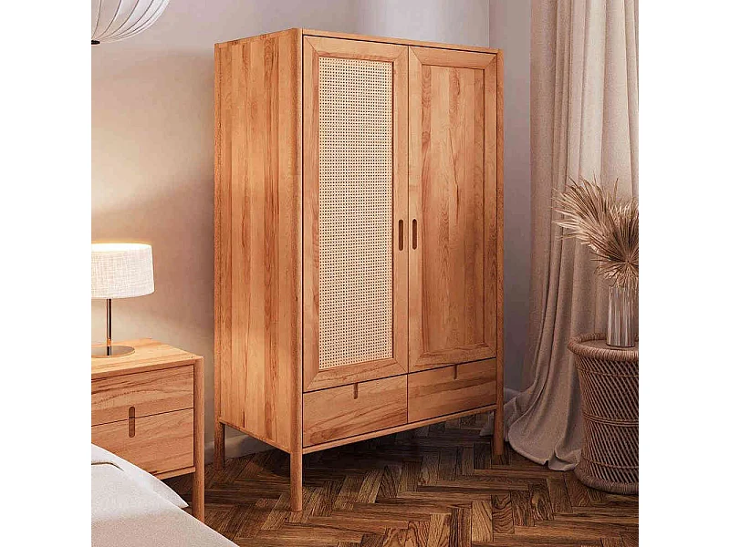 Massivholzkleiderschrank aus Wildbuche und Rattan einer Schublade