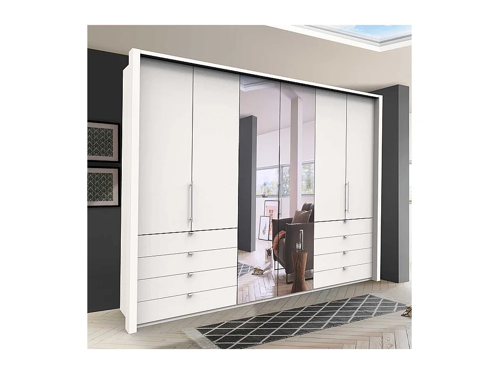 Weißer Falttürenankleideschrank mit Spiegel acht Schubladen