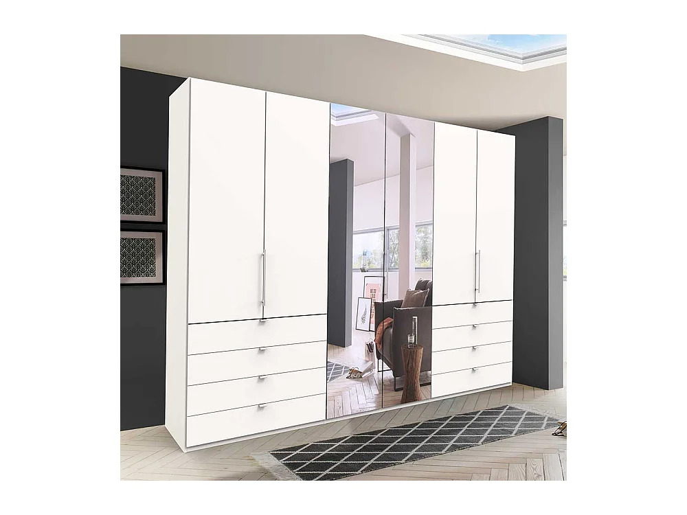Weißer Falttürenankleideschrank mit Spiegel acht Schubladen