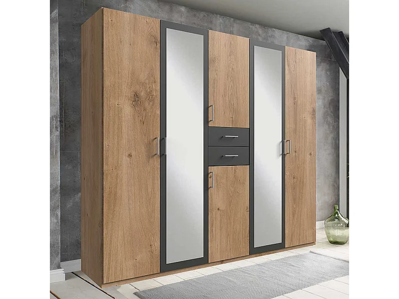 Großer Schlafzimmerkleiderschrank in Plankeneiche Dunkelgrau