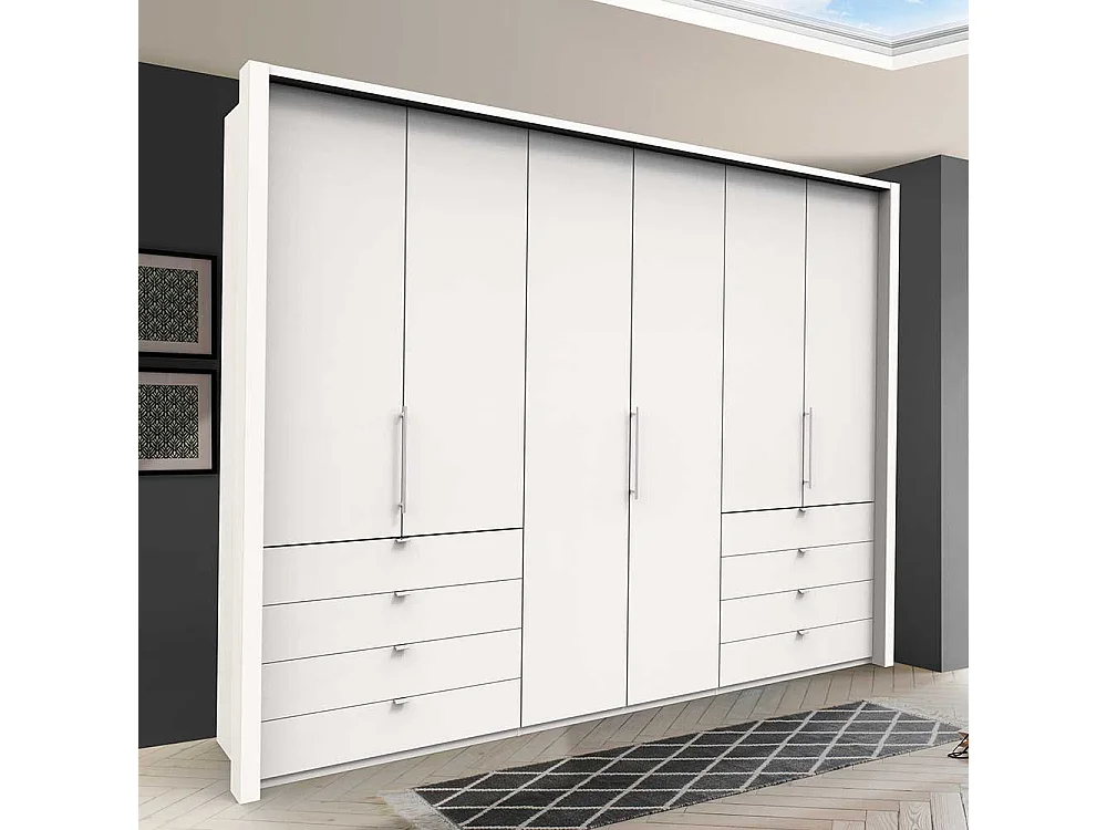 Schlafzimmerkleiderschrank in Weiß drei Falttüren und acht Schubladen
