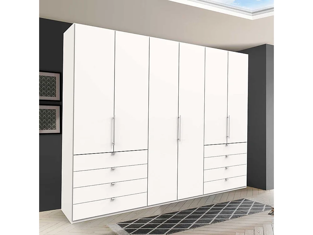 Schlafzimmerkleiderschrank in Weiß drei Falttüren und acht Schubladen