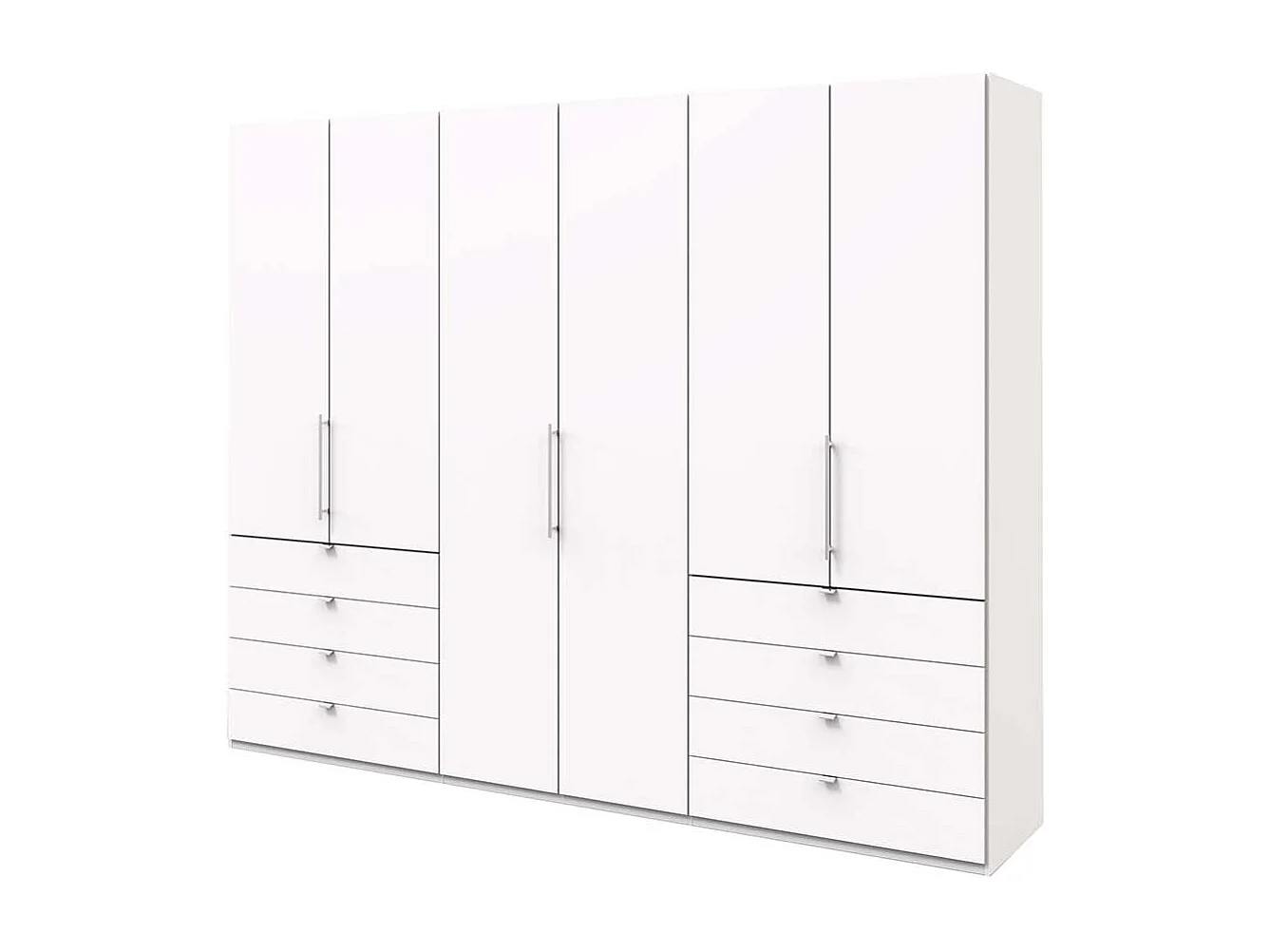 Schlafzimmerkleiderschrank in Weiß drei Falttüren und acht Schubladen