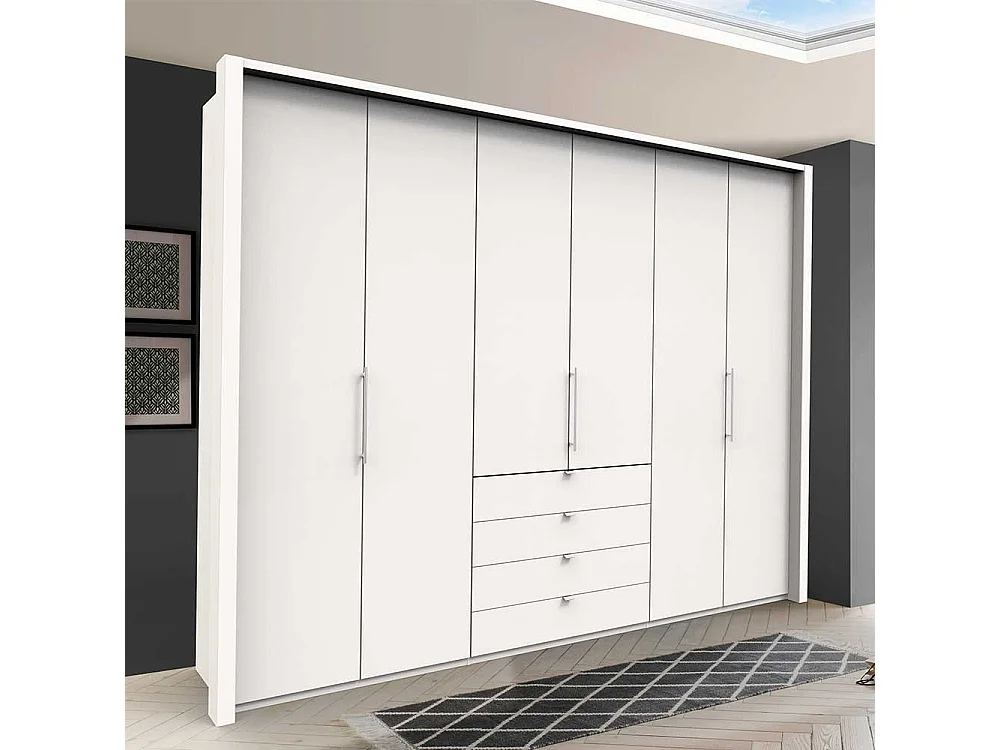 Schlafzimmerkleiderschrank in Weiß drei Falttüren und vier Schubladen