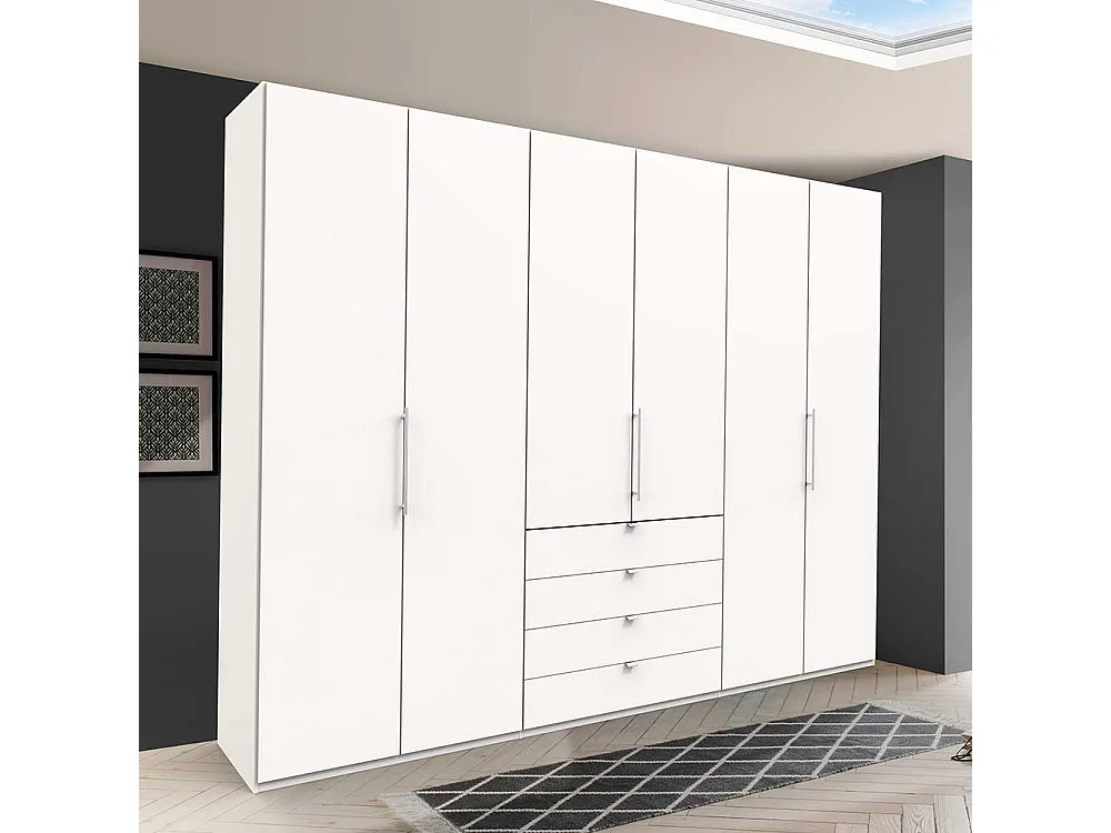 Schlafzimmerkleiderschrank in Weiß drei Falttüren und vier Schubladen