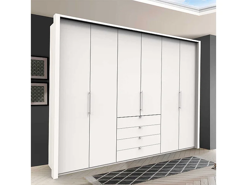 Schlafzimmerkleiderschrank in Weiß drei Falttüren und vier Schubladen