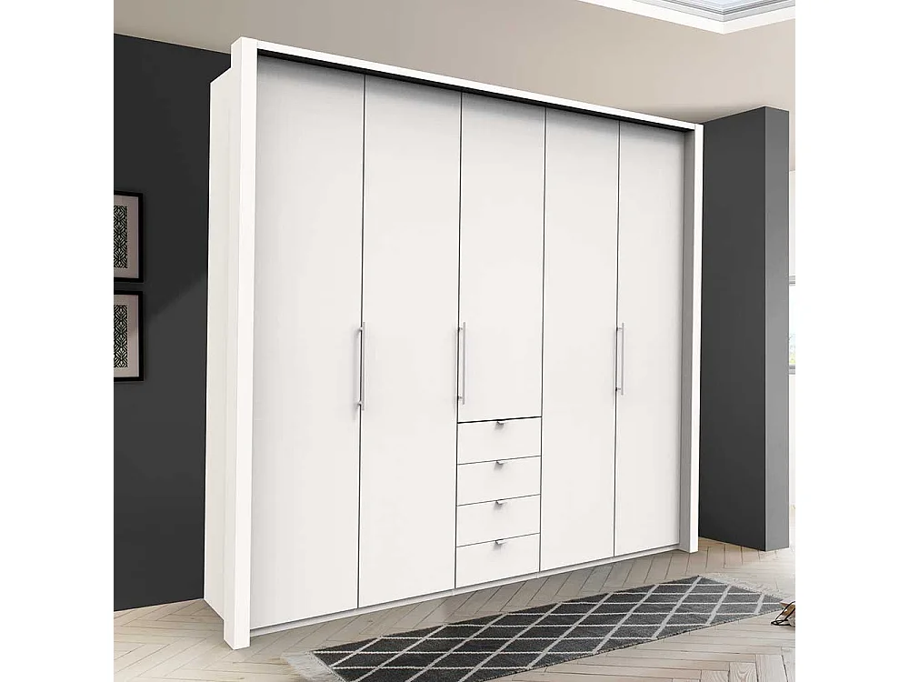 Schlafzimmerkleiderschrank in Weiß Falttüren und vier Schubladen