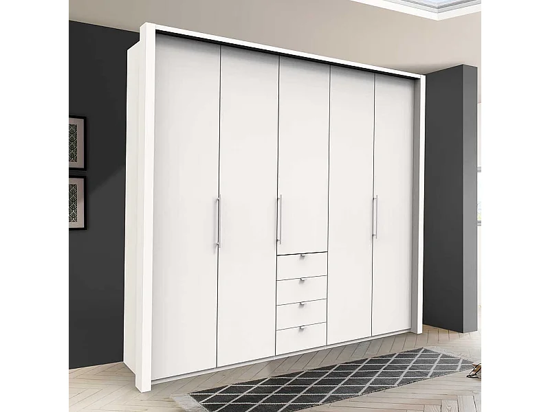Schlafzimmerkleiderschrank in Weiß Falttüren und vier Schubladen