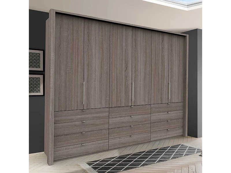 Falttüren Schrank in Eiche Trüffelfarben mit Schubladen