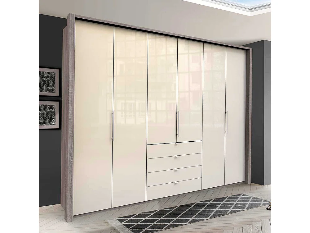 Schlafzimmerkleiderschrank in Beige und Eiche Trüffelfarben glasbeschichtet