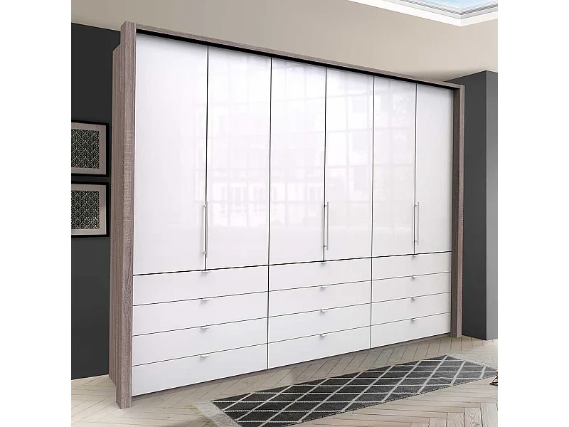 Schlafzimmerkleiderschrank mit Falttüren und Schubladen Weiß Eiche Trüffelfarben