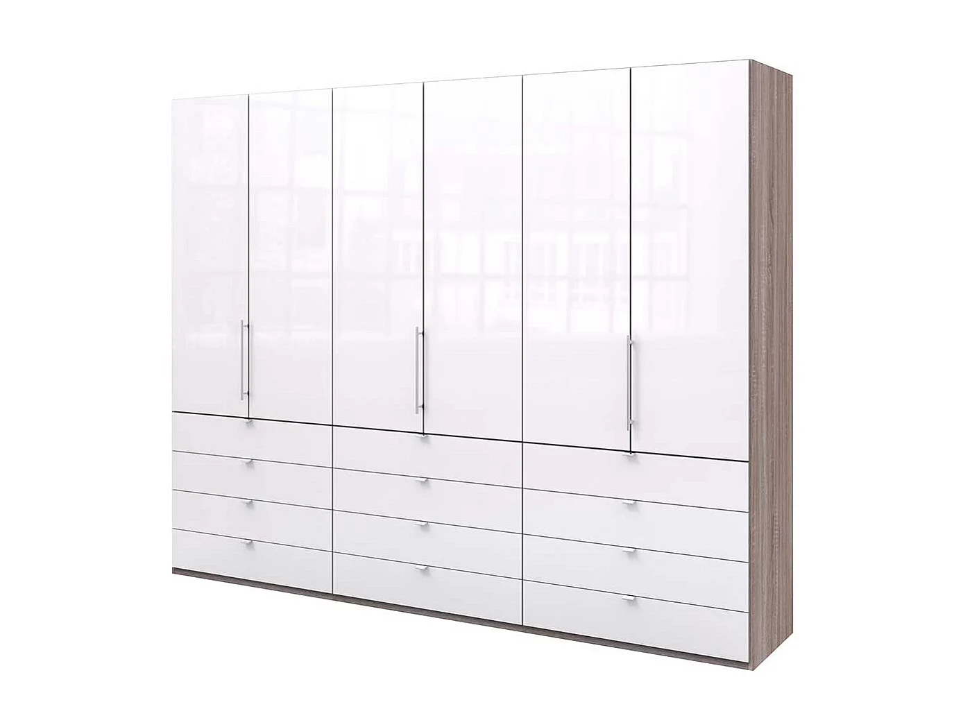 Schlafzimmerkleiderschrank mit Falttüren und Schubladen Weiß Eiche Trüffelfarben