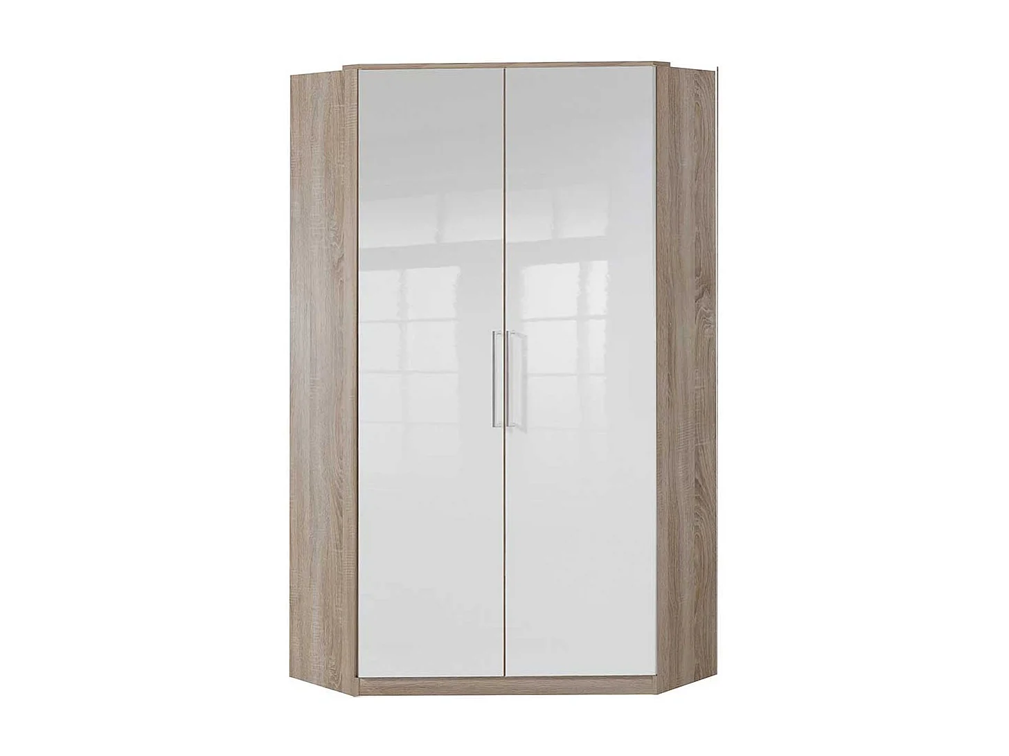 Eckkleiderschrank Hochglanz Front in Weiß Eiche Sägerau