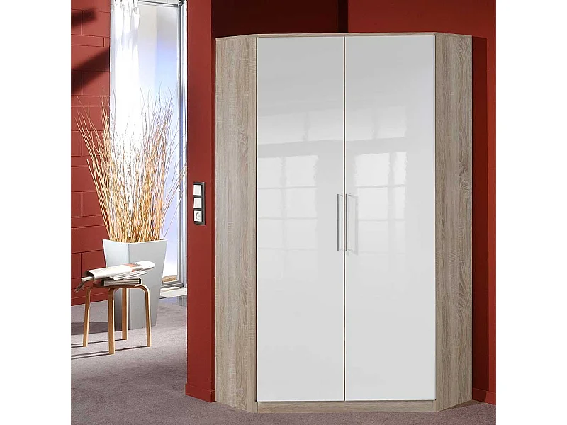 Eckkleiderschrank Hochglanz Front in Weiß Eiche Sägerau