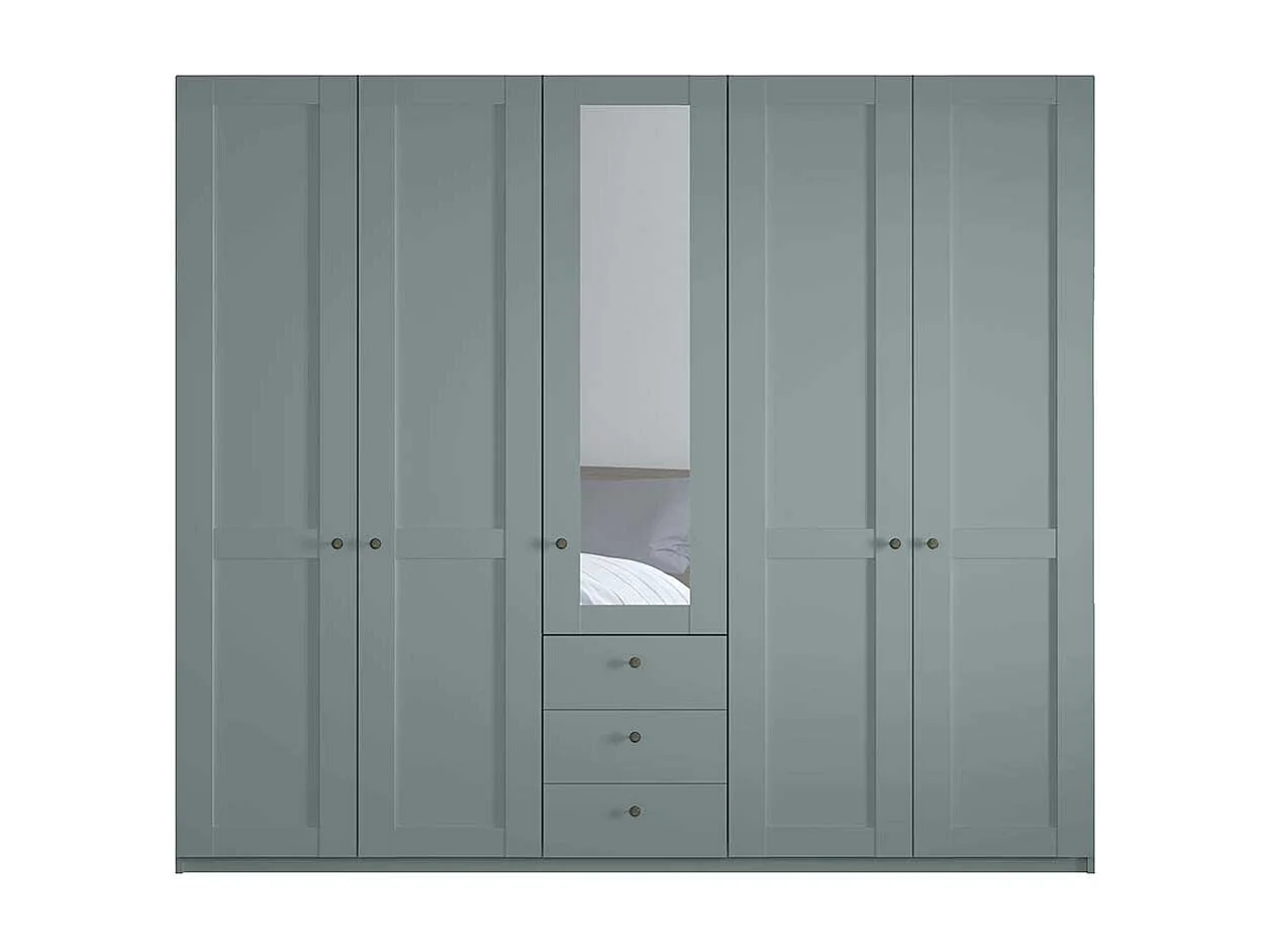 Landhausschlafzimmerschrank mit Spiegel in Graugrün 250 cm breit