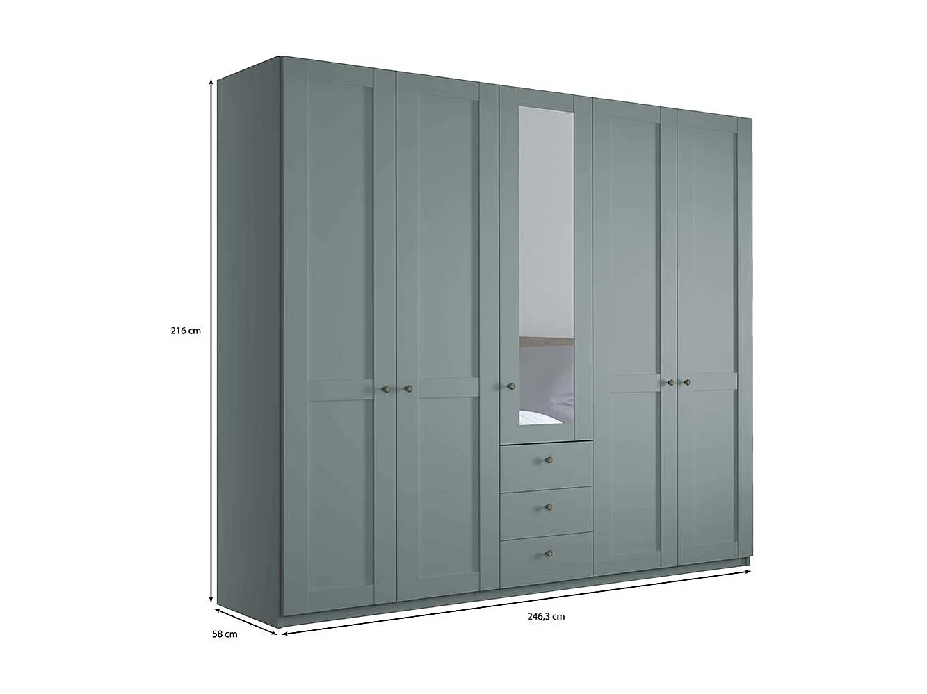 Landhausschlafzimmerschrank mit Spiegel in Graugrün 250 cm breit