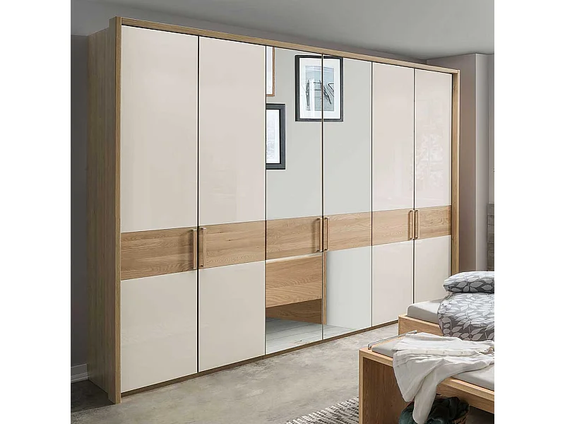 Schlafzimmerkleiderschrank in Beige Glas beschichtet Eiche Massivholz