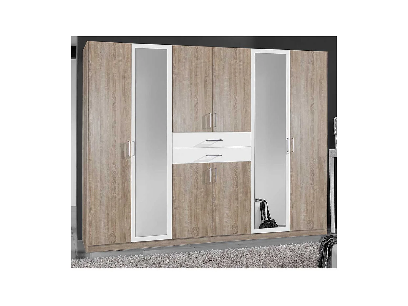 Zweifarbiger Schlafzimmerkleiderschrank mit Spiegeltüren zwei Schubladen