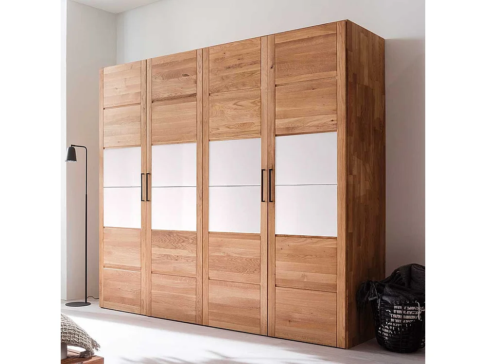 Holzkleiderschrank massiv aus Wildeiche und Glas 4 Drehtüren