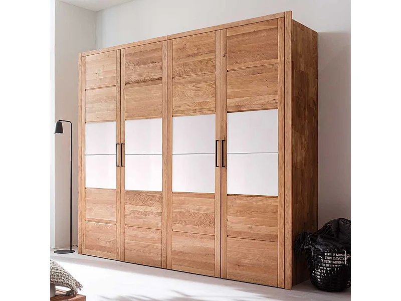 Holzkleiderschrank massiv aus Wildeiche und Glas 4 Drehtüren