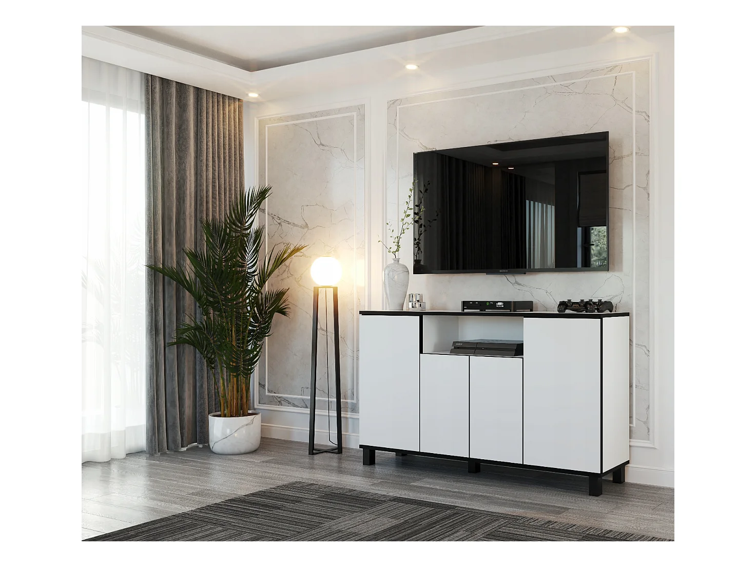 GRANDE COMMODE BLANCHE MEUBLE TV LOFT 140CM MEUBLE DE SALON