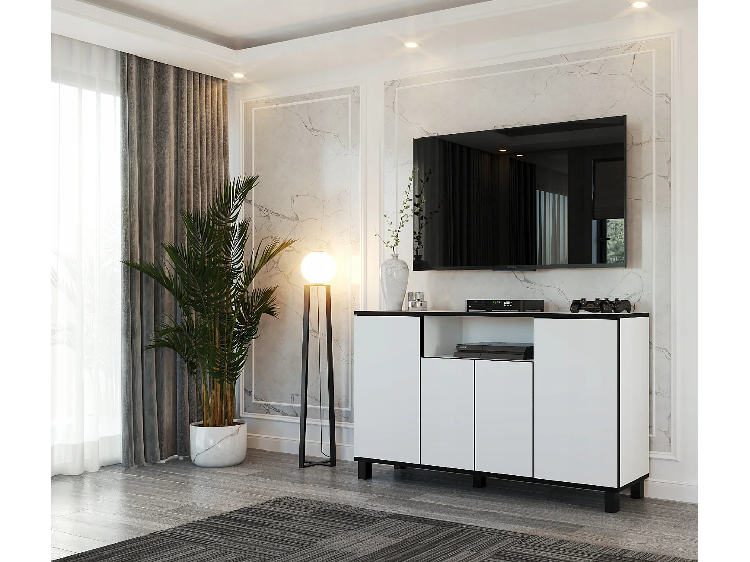 Cassettiera bianca grande porta TV a soppalco 140 cm mobili per il soggiorno