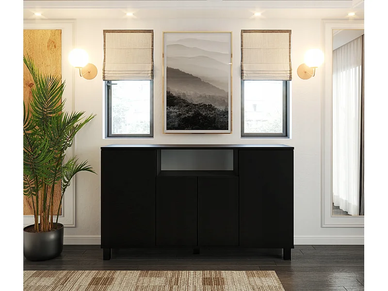 Grande commode 140cm  – NOIR  – Meuble de salon spacieux et moderne- TV LOFT
