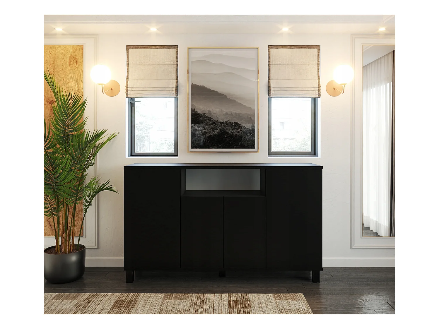 Grande commode 140cm  – NOIR  – Meuble de salon spacieux et moderne- TV LOFT