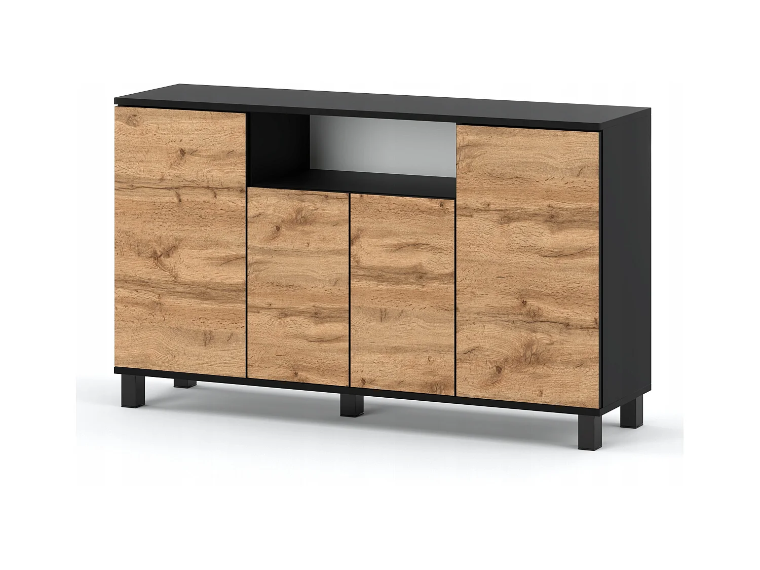 Grande commode 140cm  –  Noir + Chêne Wotan – Meuble de salon spacieux et moderne- TV loft