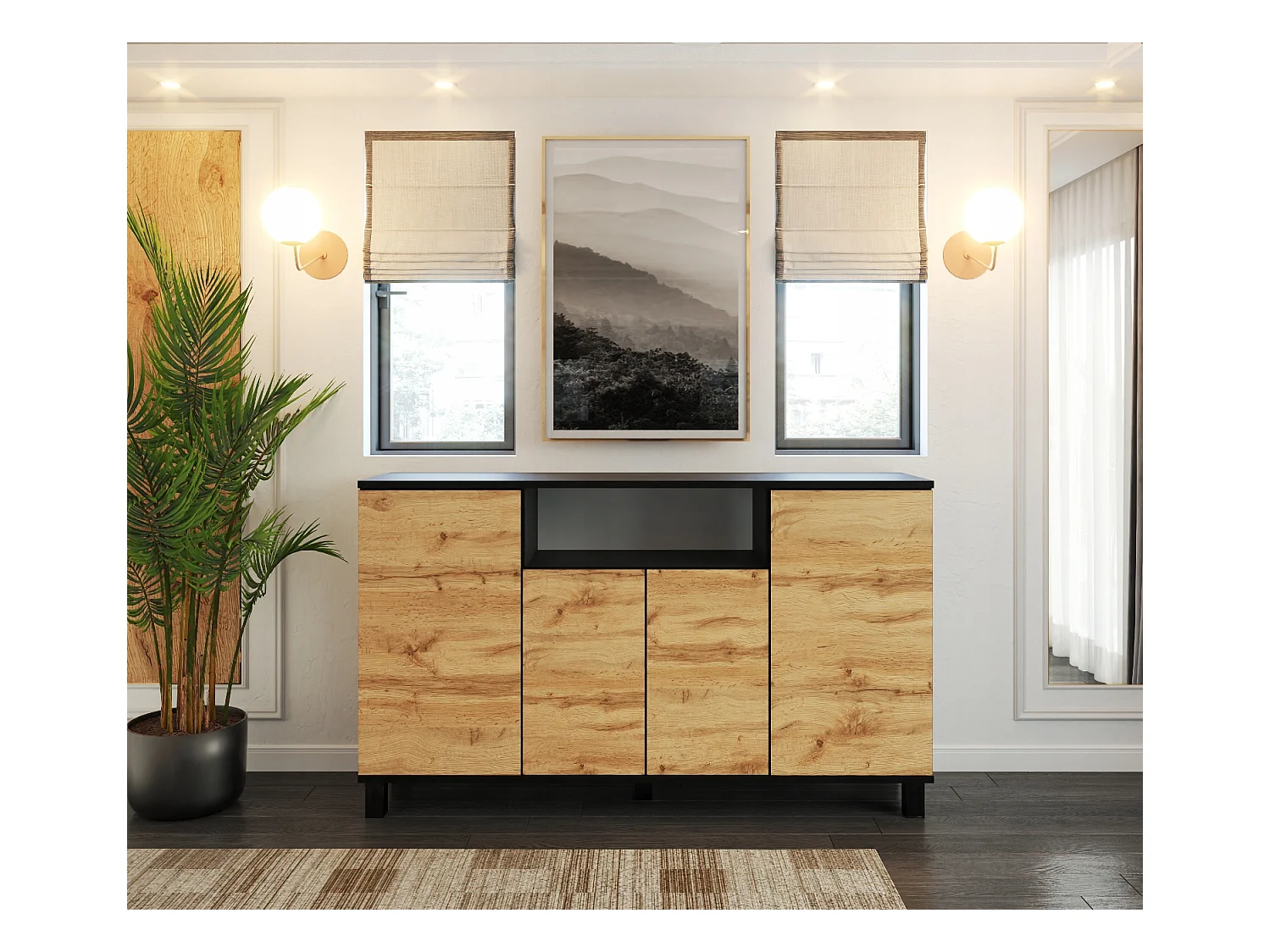 Grande commode 140cm  –  Noir + Chêne Wotan – Meuble de salon spacieux et moderne- TV loft