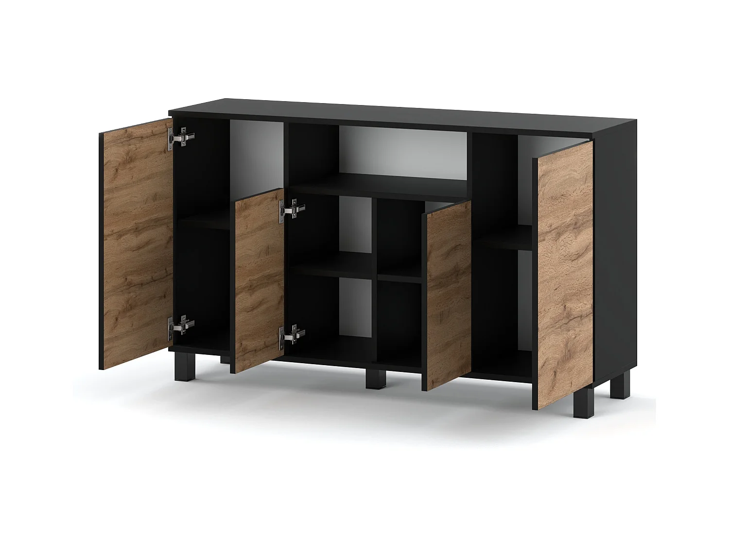 Grande commode 140cm  –  Noir + Chêne Wotan – Meuble de salon spacieux et moderne- TV loft