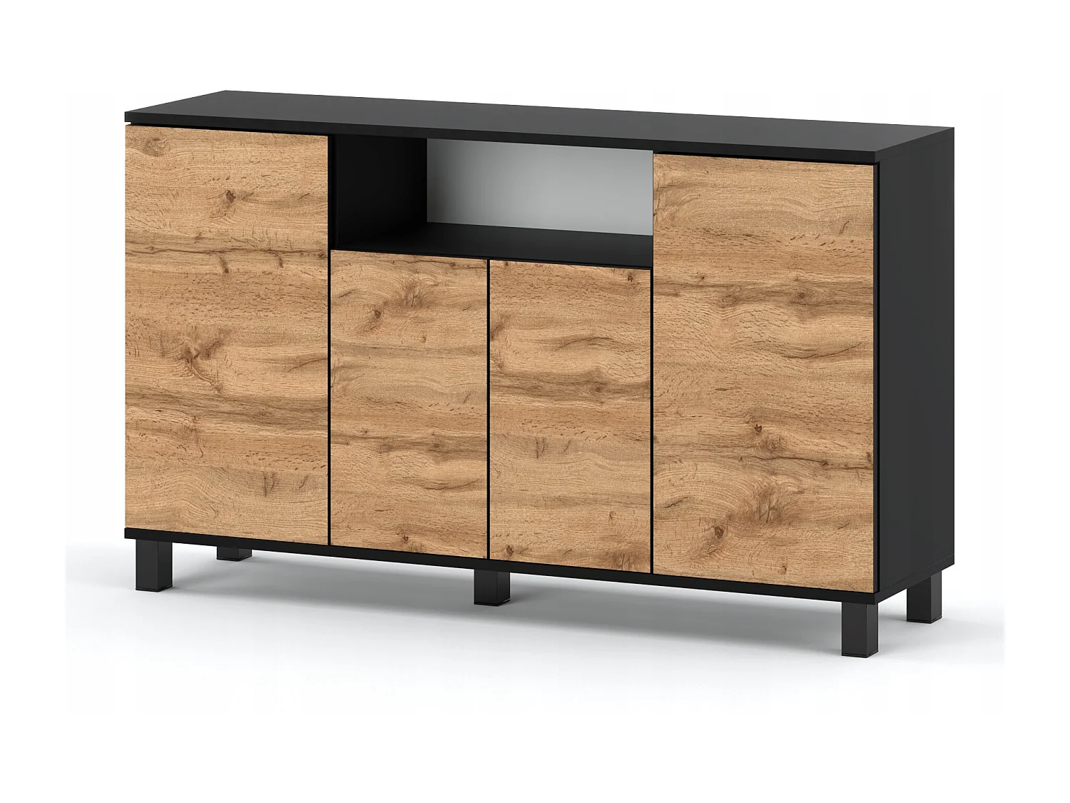 Grande commode 140cm  –  Noir + Chêne Wotan – Meuble de salon spacieux et moderne- TV loft