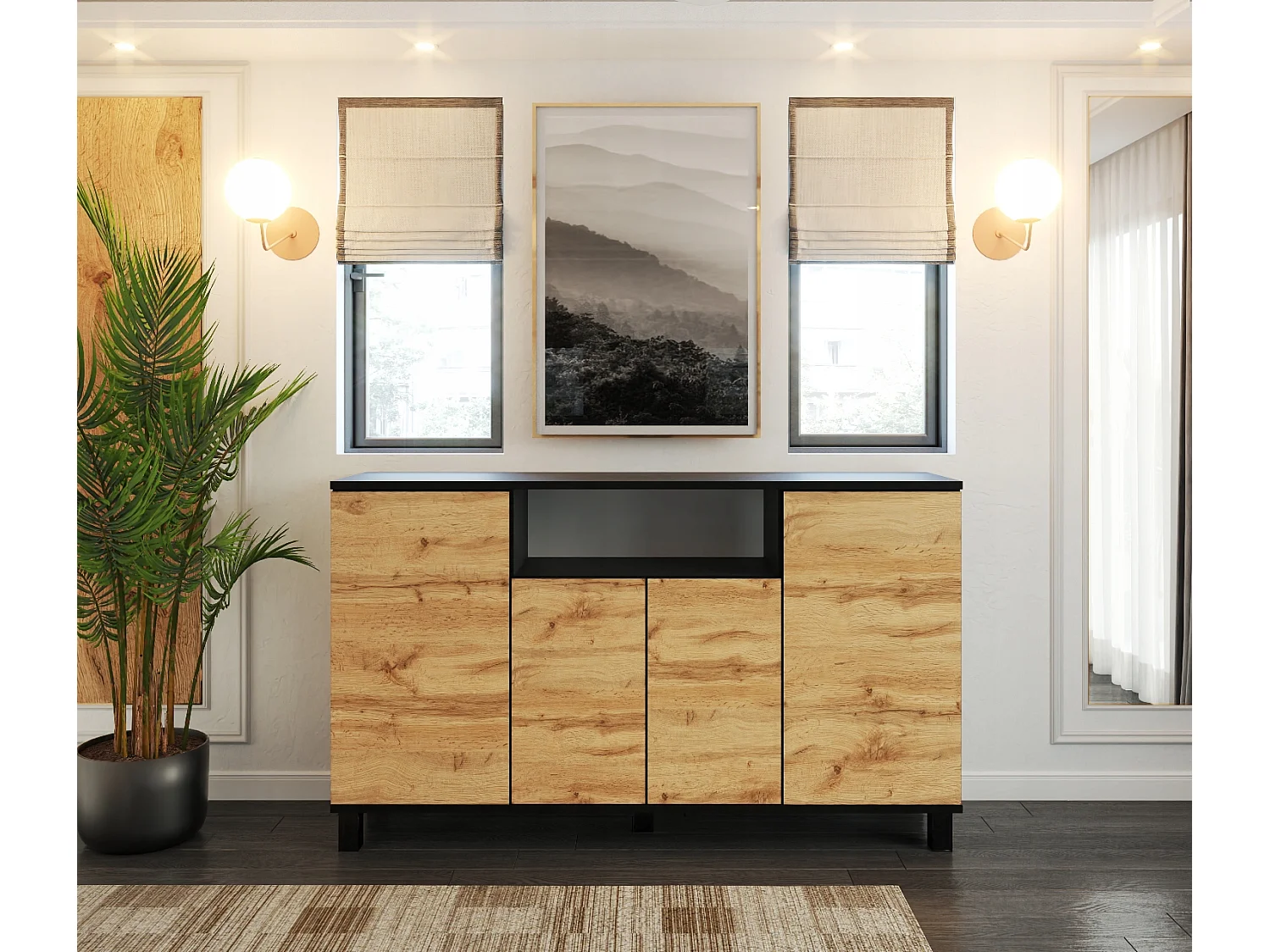 Grande commode 140cm  –  Noir + Chêne Wotan – Meuble de salon spacieux et moderne- TV loft